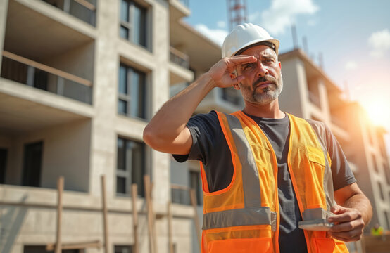 Middle-aged construction foreman, sweating in hot weather, shields eyes from sun at outdoor building site. Wears hard hat, safety vest. Thirsty, tired, man seems dehydrated. Focus on worker health, - Powered by Adobe