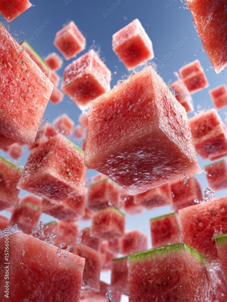 Poster cubes of watermelon create a floating abstract structure against a clear blue sky with an open upper