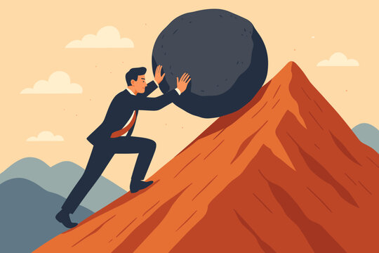 Businessman pushing a big rock up a hill. Concept of perseverance, ambition, strength, success, and goal. Sisyphus metaphor for business challenge and determination.