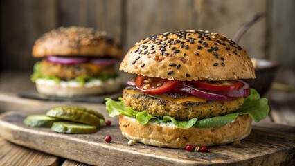 Homemade Veggie Burger with Fresh Vegetables on Wooden Board