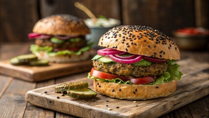 Homemade Veggie Burger with Fresh Vegetables on Wooden Board