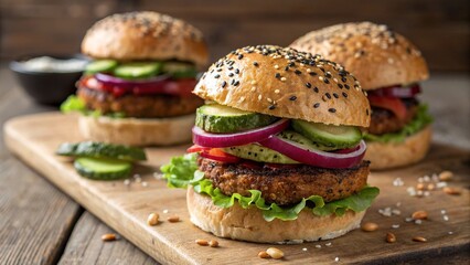 Homemade Veggie Burger with Fresh Vegetables on Wooden Board