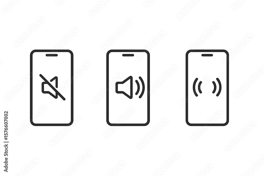 Poster smartphone sound profile icons set. silent, ring, and vibration mode symbols. mobile phone audio not