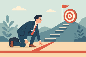 Businessman at Starting Line Ready for Career Success, Entrepreneurship Journey, Achieving Goals, Overcoming Challenges, Reaching Target, Business Milestones Concept Illustration