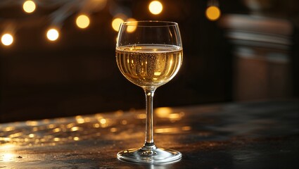 An elegant glass of red wine in a still life with grapes and bottles, set against a background of warm, glowing bokeh lights for a romantic dinner or celebration