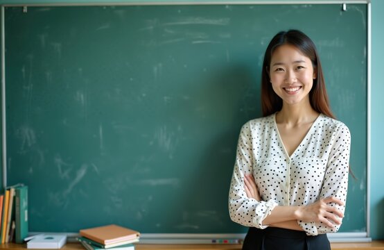 Asian woman teacher smiles warmly in front of chalkboard. Preschool classroom background with books. Blue, green colors. White blouse, black skirt. Long hair, neat style. Young woman educator, pro, - Powered by Adobe