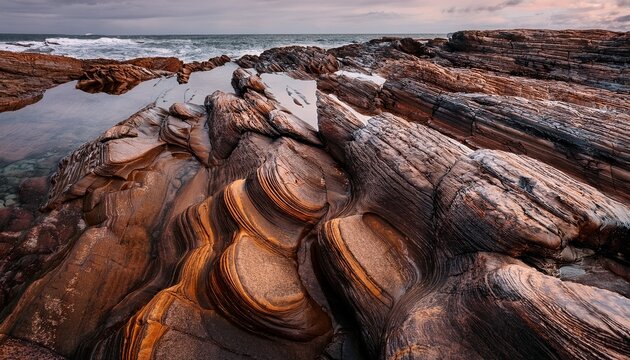 detailed close up of rocky tidal pools with textured brown and grey formations - Powered by Adobe