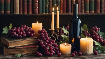 A classic, rustic still life of a wine bottle, grapes, and old books illuminated by warm candlelight in a cozy library or study
