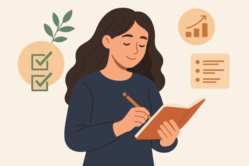 Productivity and planning concept. Young woman taking notes for work and study. Goal setting, efficiency and time management. Personal development and business growth vector.