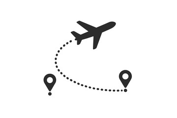 Airplane Flight Path Icon. Travel Route Concept. Plane Journey from Departure to Destination with Dotted Line. Trip Planning, Vacation, Tourism, Navigation, Location Pin Vector Illustration