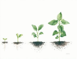 Stages of plant growth illustrated.  Four young plants emerge from soil, showing development