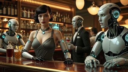A futuristic science-fiction scene of a cyborg bartender serving drinks to androids and robots in a sophisticated, retro-style cyberpunk bar, exploring themes of AI and automation