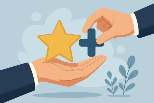 Value added, increase product value or price for profit, business advantage, benefit development concept, businessman hand holding gold star and plus sign, improvement success