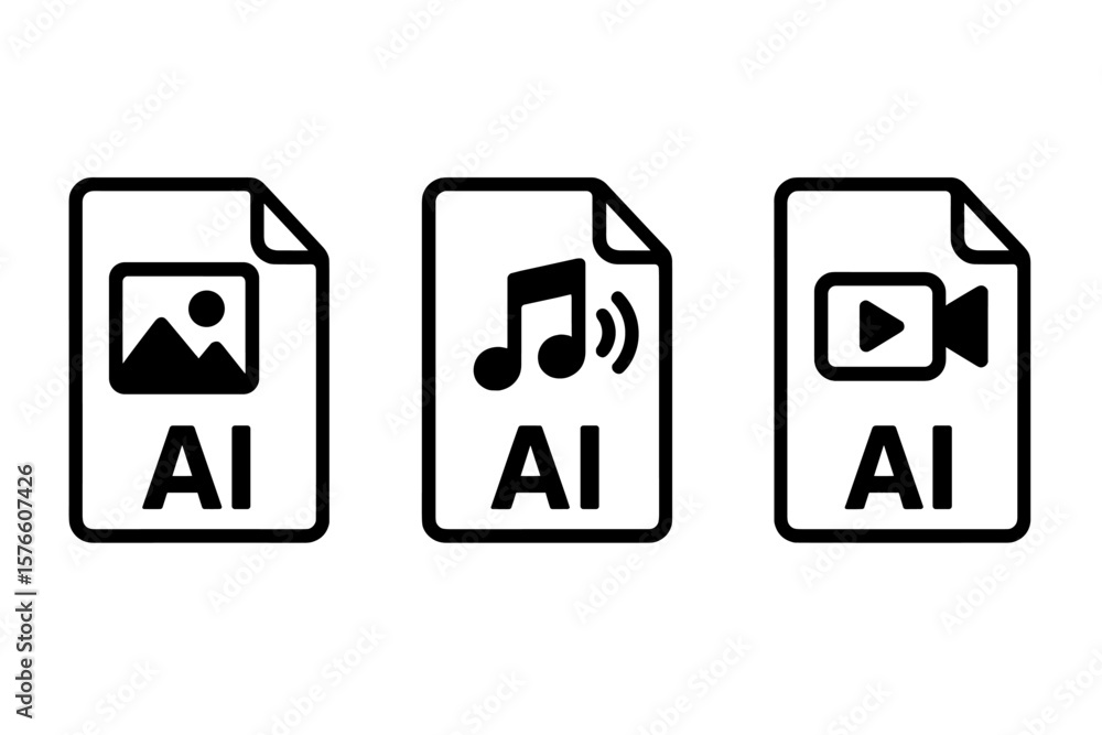 Poster ai generated media file icons set. image, audio, and video file symbols. artificial intelligence pro