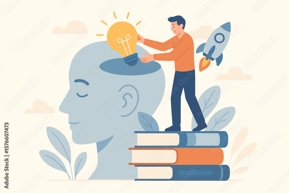 Poster upskilling and knowledge development concept, man adding light bulb idea to head, standing on books,