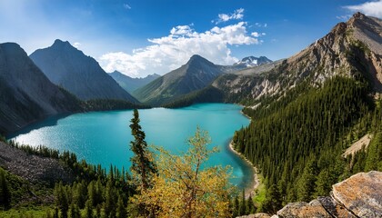 majestic lake in mountainous terrain a high angle shot captures an awe inspiring landscape featuring a vividly colored lake framed by rugged towering mountains and a prominent foreground tree