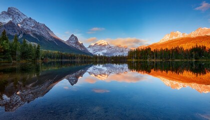 majestic mountain reflection in serene lake at sunrise