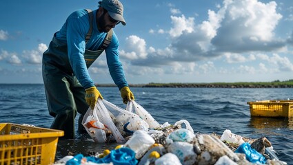 A dedicated male volunteer or fisherman in waders cleaning up plastic pollution, collecting garbage from a river or ocean to protect the environment