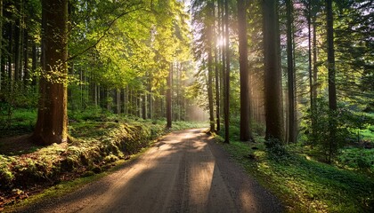 scenic forest road sunlit path through tall trees