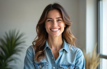 Smiling woman in 30s wearing blue denim shirt. Wavy brown hair, friendly expression. Casual cotton shirt features buttons, collar, perfect for everyday wear. Natural light illuminates face, creating