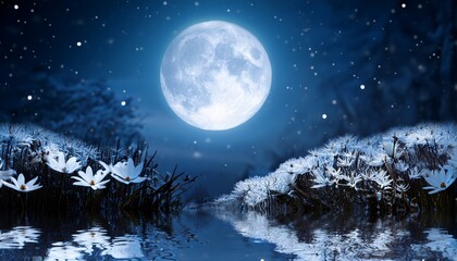 serene moonlit landscape with snow flowers and reflective water