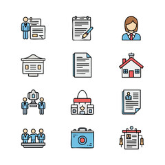 A collection of vibrant, hand-drawn business and office-related icons. Concepts include career advancement, teamwork, success, real estate, documentation, and human resources