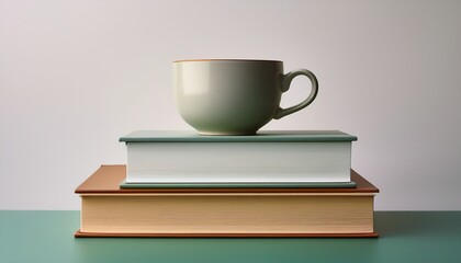 two minimalist books stacked with an off center ceramic teacup resting on their covers