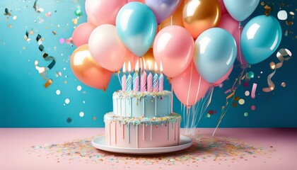 vibrant birthday celebration scene with a colorful tiered cake topped with candles a cascade of pastel balloons and shimmering confetti on a light blue or pink background