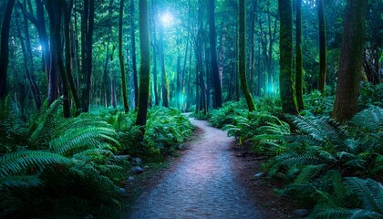a glowing path leads through a dense forest where vibrant bioluminescent plants shine in various shades of green the atmosphere is magical as night approaches