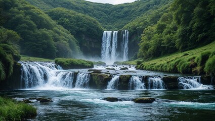 Fototapeta premium A majestic and powerful waterfall cascades into a beautiful river flowing through a lush, green mountain valley in a pristine and tranquil natural paradise
