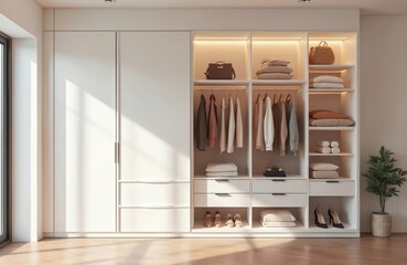 Modern spacious white wardrobe interior with organised clothing, accessories. Open shelving displays neat stacks of folded textiles, handbags, shoes. Garments hang neatly on rails, minimalist,