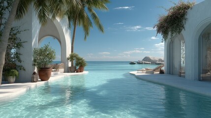 Fototapeta premium Serene Coastal Villa with Infinity Pool and Palm Trees