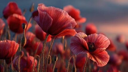 Obraz premium Sunset Symphony: A Field of Crimson Poppies at Golden Hour