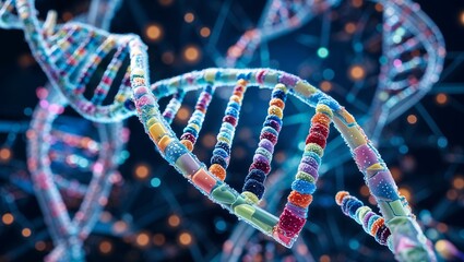 A futuristic 3D illustration of a glowing DNA double helix floating in a high-tech digital environment, symbolizing genetic research, biotechnology, and the future of medicine