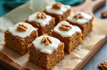 Gluten free carrot quinoa cake bites topped with sweet sugar glaze, walnuts. Moist spice bars feature anise, cinnamon, perfect for dessert snack. Homemade pastry squares offer delicious baked