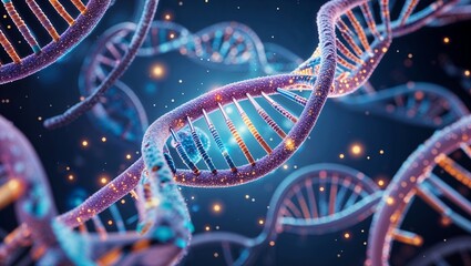 A futuristic 3D illustration of a glowing DNA double helix floating in a high-tech digital environment, symbolizing genetic research, biotechnology, and the future of medicine