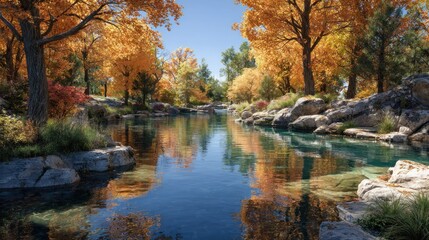 Fototapeta premium Serene Autumn River Reflecting Golden Trees in a Picturesque Landscape