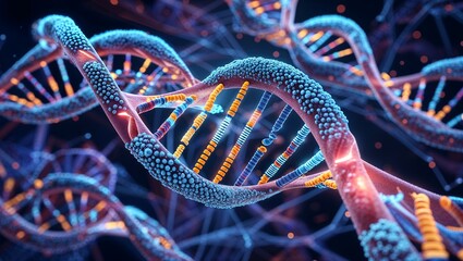 A futuristic 3D illustration of a glowing DNA double helix floating in a high-tech digital environment, symbolizing genetic research, biotechnology, and the future of medicine