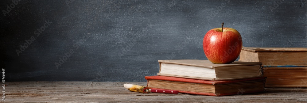Poster teachers desk with apple and stacked books in classroom setting with chalkboard background