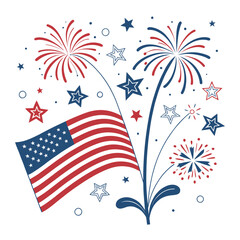 Fototapeta premium Fireworks Display with American Flag: A vibrant illustration of an American flag with bursting fireworks, stars, capturing the celebratory essence of patriotism and national pride.