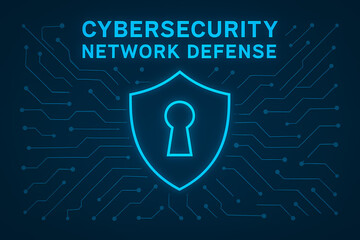 Cybersecurity network defense shield with keyhole on dark technology background