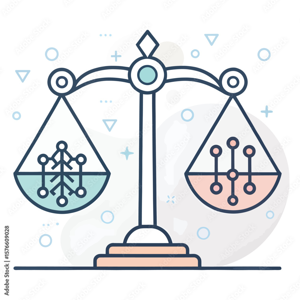 Poster balance of nature vs technology: a stylized illustration depicting a scale balancing a snowflake rep