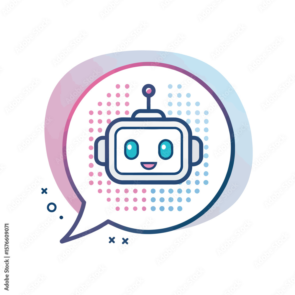 Poster chatbot icon: a cheerful robot head design enclosed within a vibrant speech bubble, set against a cl