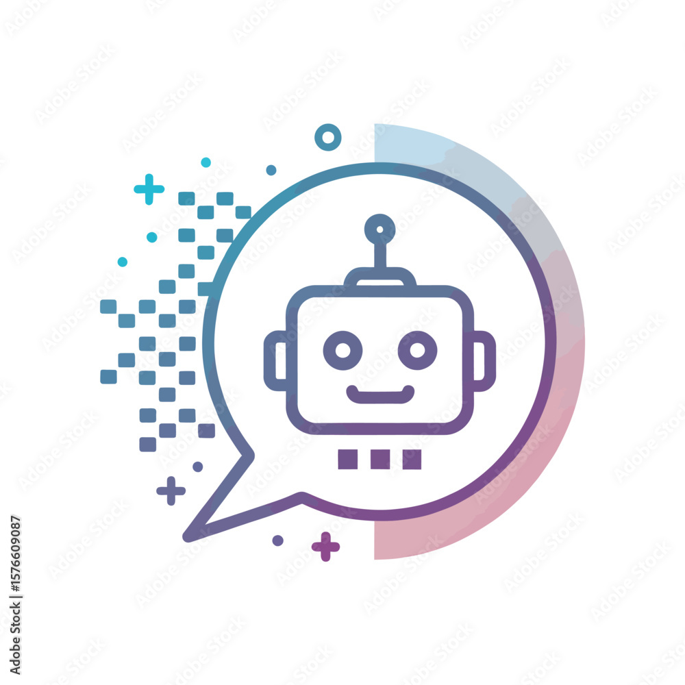 Poster smart automation: a visually striking icon of a chatbot within a speech bubble, radiating digital in