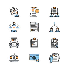 A vibrant set of hand-drawn doodle icons for business and human resources themes. Key concepts include team management, legal documentation, recruitment, quality assurance, and administrative tasks