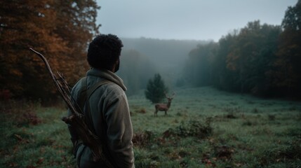 Obraz premium Autumn hunting scene: archer in forest clearing with bow and deer in misty landscape