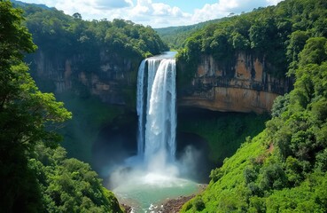 Majestic waterfall cascades down lush green cliffs into a turquoise pool. Serene tropical landscape features dense forest, jungle ravine, and clear blue sky with white clouds.