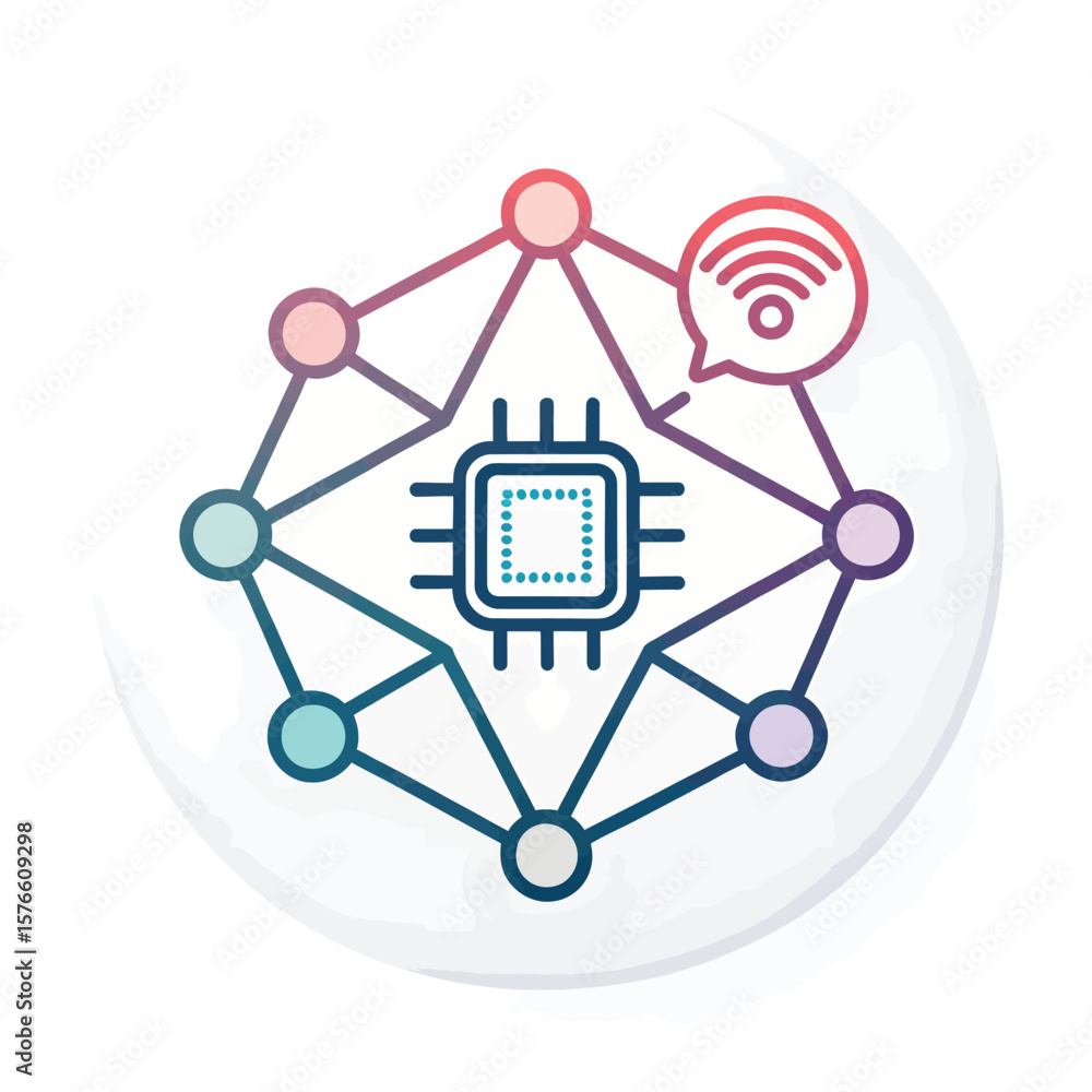 Poster networked circuitry: a modern illustration of a central processing unit (cpu) at the heart of a netw