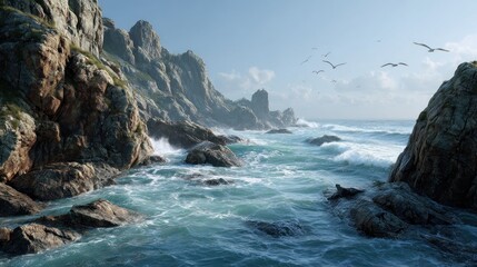 Dramatic Coastal Cliffs with Crashing Waves and Seabirds in Flight