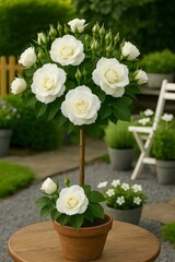 Elegant white rose topiary displayed in a serene garden setting with blooming flora under soft sunlight